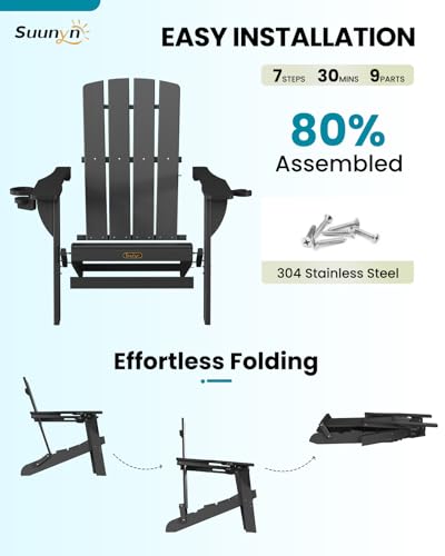 SUUNYN Folding Adirondack Chair, HDPE All-Weather Fire Pit Chairs, Plastic Adirondack Chairs with 2 Cup Holder, Outdoor Lawn Chair for Patio Garden (Black)