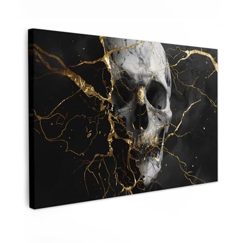 MuchoWow© Bild auf Leinwand Groß 120x80 cm XXL Schlafzimmer Bilder Badezimmer Wand Deko Wohnzimmer Modern Wanddeko Bilderwand Geschenk Gold - Abstrakt - Schädel - Unheimlich - Tod