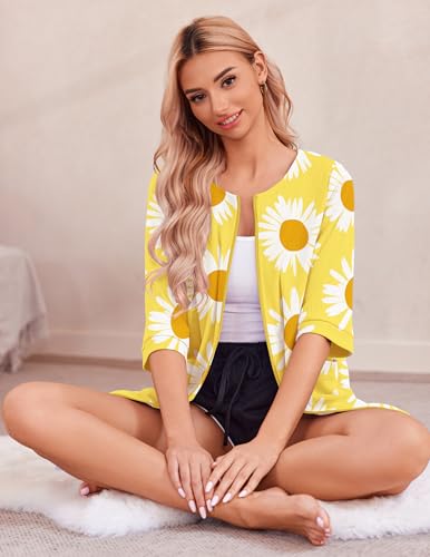 Image of Ekouaer Zip Up Robes for Women Short Waffle Bathrobe Lightweight Knee Length Housecoat with Pockets Nightgown(Yellow Floral)