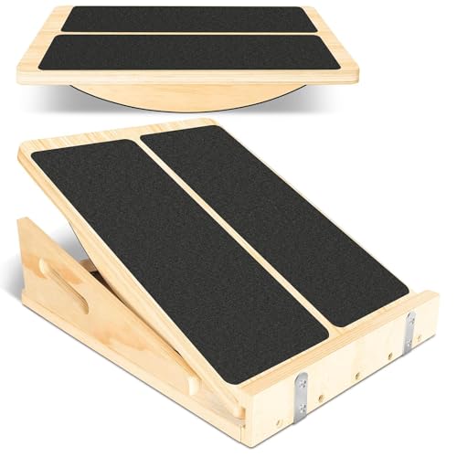 Balance Board aus Holz 2-in-1 mit Wadendehner & Schrägbrett - Rutschfestes Slant Board für Gleichgewichtstraining, Dehnung der Beinmuskeln (Schwarz, Naturholz, 46x29cm)