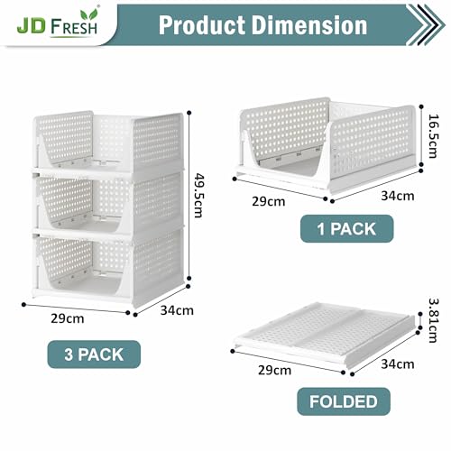 Image of JD FRESH 3 Pieces Foldable Wardrobe Rectangular Organizer for Storage /Adjustable Cupboard Organiser for Clothes /Multipurpose Stackable Rack /Polypropylene Sliding Drawer Basket /Shirt Stacker(White)