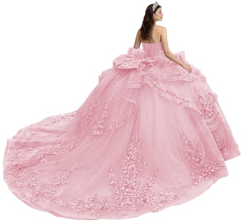 XYAYE Sparkly Tulle Pink Light Quinceanera Dresses with Bow Glitter Strapless Layered XV Dress for Quinceañera Luxury Petite Beaded Ball Gown Size 0