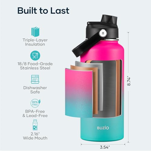 Image of BUZIO Insulated Stainless Steel Water Bottle 32 oz with Straw & Spout Lids