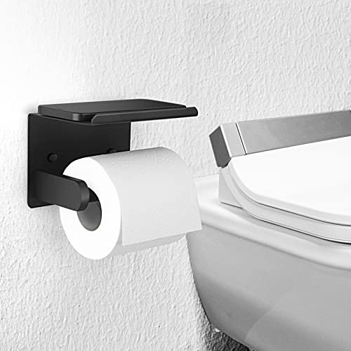 Toilet Paper Holder, Matte Black Toilet Paper Holder With Shelf,Screw Or Self Adhesive Toilet Paper Holder Wall Mount,Sus304 Bathroom Toilet Paper Holder,Toilet Paper Roll Holder For Bathroom,Washroom #TOP1
