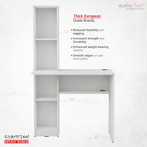 Image of Studio Kook Champion Engineered Wood Study Table with Storage, Matte Finish, 5 Shelves (Moonshine White)