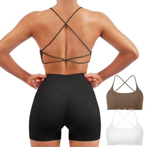 SUUKSESS Women 2 piece Open Back Sports Bra Pack Strappy Workout Gym Yoga Crops (Coffee & White, L)