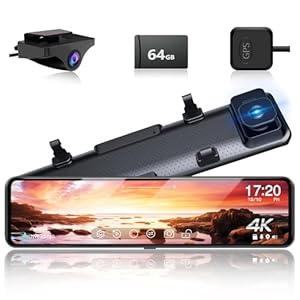 12″ 4K Mirror Dash Cam with Zoom Backup Camera, 2160P UHD Rearview Mirror Camera for Cars & Trucks, Front and Rear View Dual Cameras with WDR, Night Vision, Parking Assist, Included 64GB Card & GPS