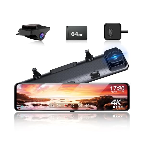 12″ 4K Mirror Dash Cam with Zoom Backup Camera, 2160P UHD Rearview Mirror Camera for Cars & Trucks, Front and Rear View Dual Cameras with WDR, Night Vision, Parking Assist, Included 64GB Card & GPS