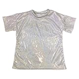 QJDFLL Unisex Metallic Tanzshirt mit Pailletten reflektierendem Aufdruck locker geschnitten Kurzarm für Kinder Jungen Mädchen Teenager Bühnenkostüme lässige(Silber,7 Jahre)