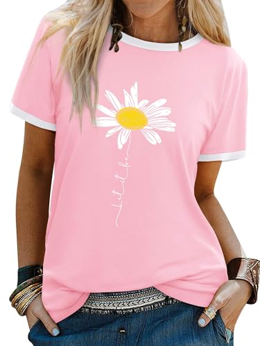 Dresswel Women Let It Be T Shirt Daisy Flower Graphic Print T-Shirt Crew Neck Short Sleeve Tee Tops(2-Light Pink,L)