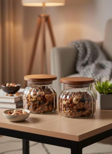 Image of SUANI Air Tight Bubble Glass Jar Container with Wooden Lid for Home and Kitchen | Odor Free Storage Jar | Jars For Cookies, Namkeen, Dry Fruits and Kitchen Storage, (500Ml) (Pack Of 2)
