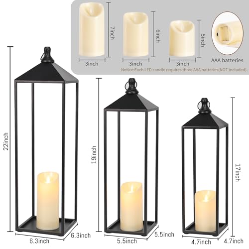 MATAHUM 22'' 19'' 17'' Lanterns Decorative Outdoor Indoor, Set of 3 Black Metal Candle Lanterns Christmas Lanterns Modern Farmhouse Floor Lantern Decor for Room, Porch, Mantle, Patio, Garden by MATAHUM - Used condition - Image 2