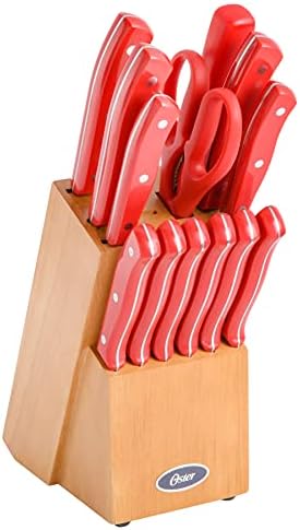 Oster Evansville 14 Piece Stainless Steel Cutlery Block Set, Red Handles