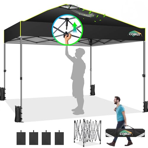 COBIZI Canopy 10x10 Pop Up Canopy Tent 1-Button Push Easy up Outdoor Canopy Instant Portable Commercial Shelter Waterproof UPF50+ Gazebo with Reflective Strip, Air Vent & 4 Sandbags,Black by COBIZI - Used condition - US$74.88