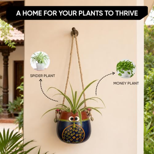 Image of AAKRITI ART CREATIONS Terracotta Hanging Planter | Blue & Brown Earthen Design with Jute Hanger, Modern Art, Matte Finish | Decorative Hanging Pot for Indoor & Outdoor Home Decor