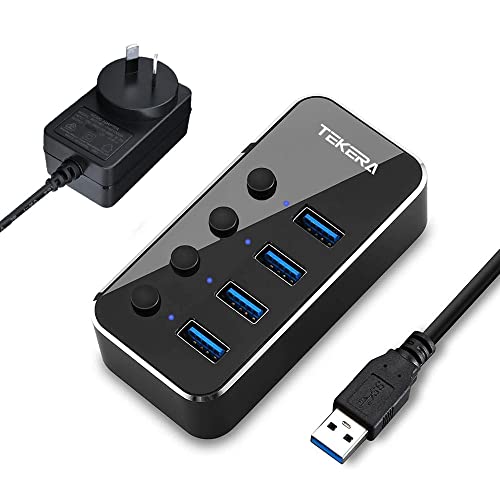 Powered USB Hub, TEKERA 4 Port USB 3.0 Hub Splitter Portable Aluminum USB Data Hub Expander with Individual On/Off Switch and Universal 5V AC Adapter, 3.3ft USB 3.0 Cable