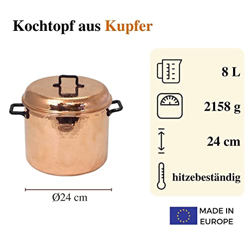 Foto von Copper Garden Kupfertopf mit Deckel + Griffen aus Schmiedeeisen 8 L I Gehämmerter Kupferkochtopf aus blankem Kupfer: Ideale Wärmeleitung & -verteilung I Robuster Kupfer Topf 100% lebensmittelecht