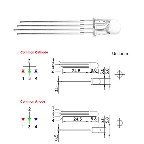 Image of Electrobot 5mm RGB LED Diode Lights (Red Green Blue 4 pin Common Cathode Clear DC 20mA /Color), 100 Pieces
