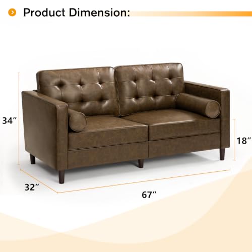 Image of 67 inch Premium Faux Leather 2-Seater Sofa with 2 Bolster Pillows and Tufted Backrest, Mid-Century Modern Loveseat Sofa, Luxury Couch for Living Room, Bedroom, Office, Coffee Brown