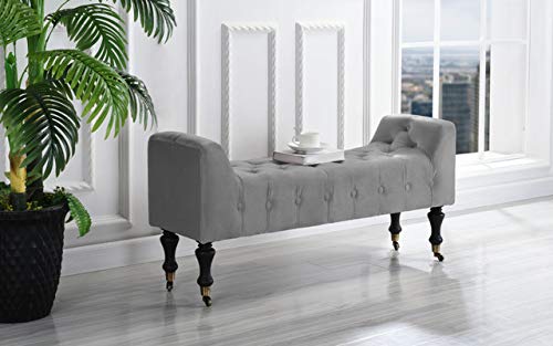 Divano Roma Vanity Bench Stool Footrest, Tufted Microfiber Fabric Ottoman â€“ Small Rectangular Bed Foot Bench Ottomans with Casters, Grey