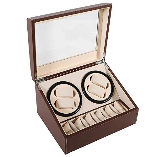 Tourne-montre automatique Winder Watch Présentoir Boîte à bijoux Adaptateur EU 4 montres et 6 paquets de rangement, Cuir noir Cover