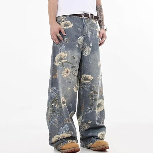 Y2K Baggy Jeans Mens Flower Print Graphic Jeans Wide Leg Grunge Jnco Pants Vintage Floral Harajuku Denim Pants2