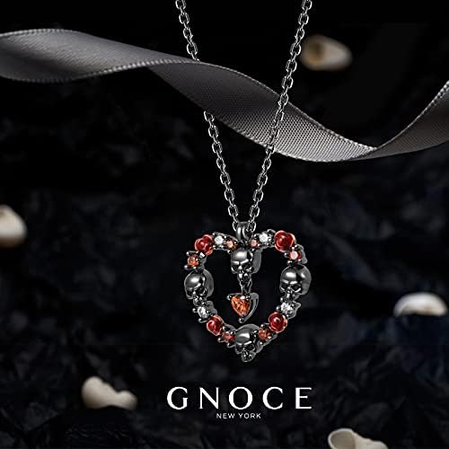 Gnoce Rose & Skull Necklace 925 Sterling Silver Black Plated Heart Necklace With Red Stone Adjustable Chain Necklace Jewelry Gift for Women Girls Wife Daughter