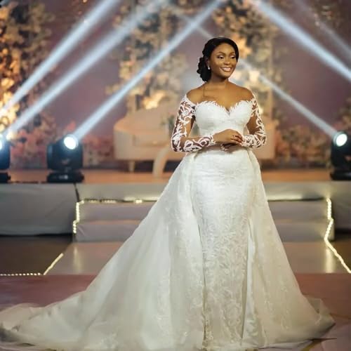 Plus Size Off Shoulder Long Sleeves Lace Mermaid Bridal Ball Gowns Wedding Dresses For Bride With Detachable Train White #TOP23