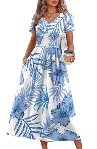 Image of OFEEFAN Summer Dresses for Women Flowy Casual A-Line Midi Dress Beach Vacation Sundresses with Pockets S-2XL