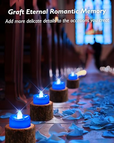 Image of merrynights Flameless Candles, 24 Pack Tea Lights Candles Battery Operated, LED Tealight Candle, Realistic Tea Lights for Halloween Christmas Party Decor -D 1.5 inch x H 1.25 inch -Blue Candle