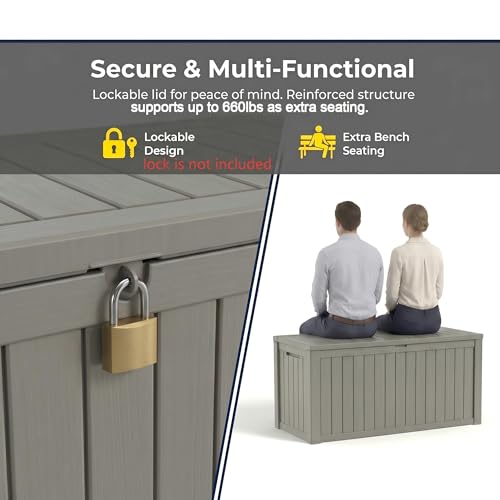 Image of 151 Gallon Resin Deck Box with Lockable Lid - Heavy-Duty Outdoor Storage for Patio Furniture, Garden Tools, Pool Accessories, BBQ Supplies - All-Weather Wood Grain Design