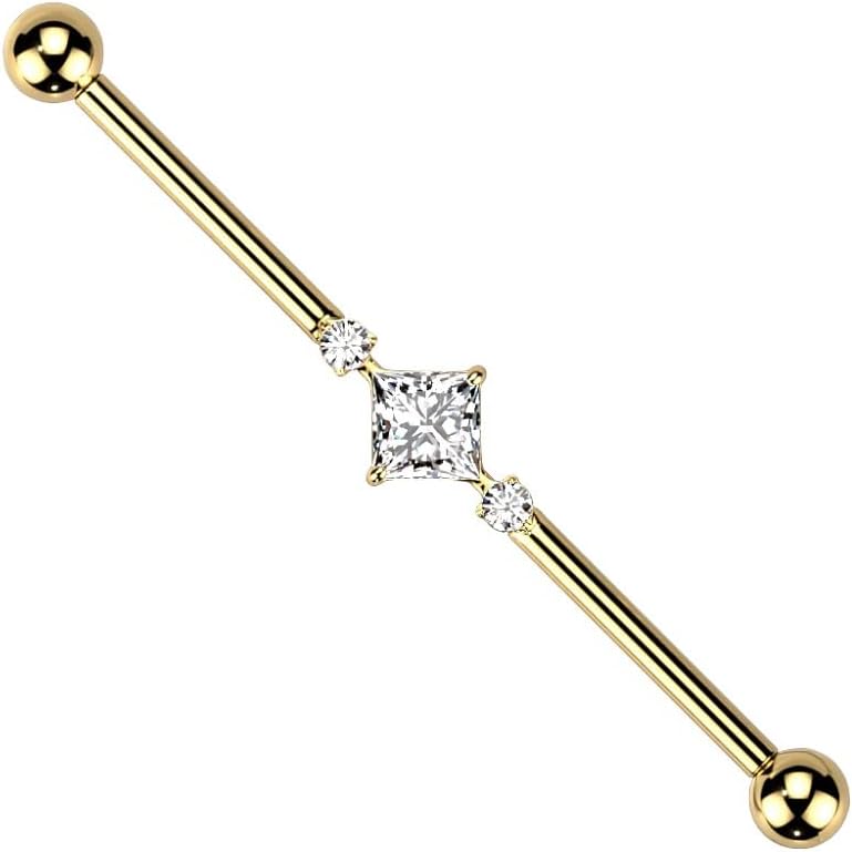 Pierced Owl 14GA G23 Implant Grade Titanium 2 Round CZ Crystals and Square Crystal Center Internally Threaded Industrial Barbell