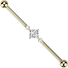 Pierced Owl 14GA G23 Implant Grade Titanium 2 Round CZ Crystals and Square Crystal Center Internally Threaded Industrial Barbell