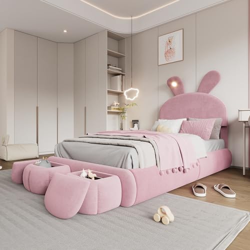 Dolamaní Jugendbett Mädchen Bett 90x200 cm, Kaninchenform-Kopfteil mit Hasenohren und 2 Stauraum Hocker mit Hasenfüßen，Hydraulisches Polsterbett Samt Modern (Rosa)
