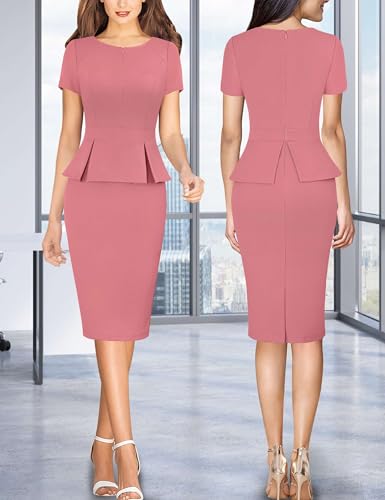 Image of VFSHOW Womens Work Business Office Front Zipper Peplum Bodycon Dresses Elegant Short Sleeve Slim Church Pencil Sheath Dress