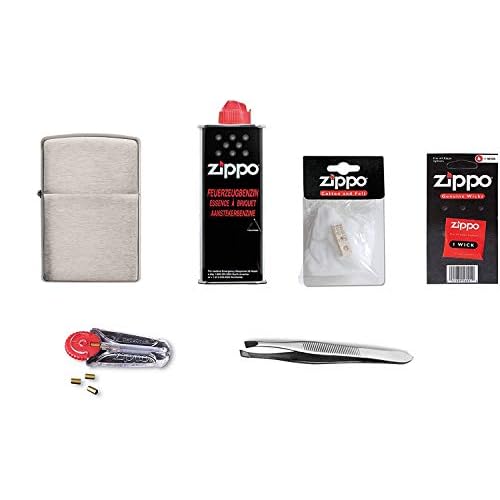 Zippo Erstausstattungs-Set: Zippo Feuerzeug Chrom + Benzin, Feuersteine, Docht, Watte, und Pinzette