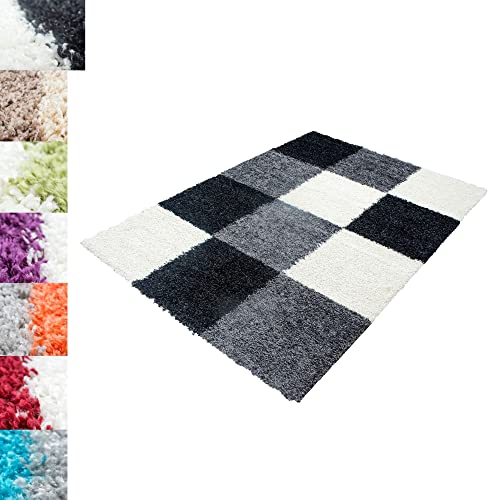 Hochflor Shaggy Langflor-Teppich Wohnzimmerteppich Soft Bordüre Karo Gemustert, Farbe:Schwarz-Weiss-Grau, Grösse:160x230 cm Cover