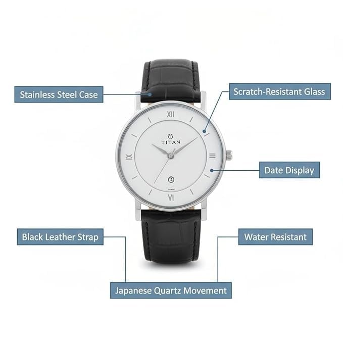 Image of T tan Round Analog Watch with White Dial, Black Leather Strap, Roman Numeral Markers, Date Display, Stainless Steel Case