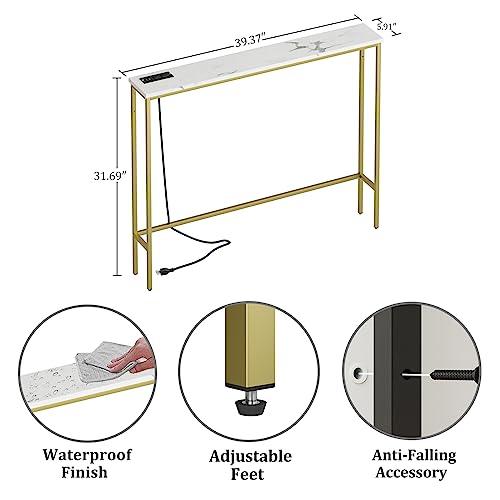 Image of Masupu 5.9 inch Skinny Console Table with Power Outlet,Modern Narrow Sofa Table Behind Couch,Skinny Entry Table with Gold Metal Frame for Entryway,Living Room, Hallway,Marble White