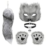 BADALU Therian Cat Mask and Tail Set - Furry Fox Wolf Mask with Leather Choker and Faux Fur Tail - Halloween Cosplay Party