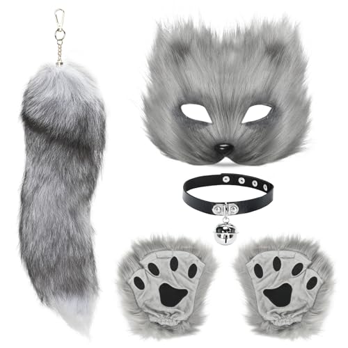 BADALU Therian Cat Mask and Tail Set - Furry Fox Wolf Mask with Leather Choker and Faux Fur Tail - Halloween Cosplay Party