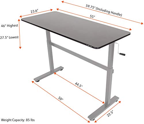 Stand Steady Tranzendesk 55 Inch Standing Desk | Easy Crank Height Adjustable Sit To Stand Workstation | Modern Ergonomic Desk Supports 3 Monitors | Great For Home & Office! (Black Top/Silver Frame) #TOP4