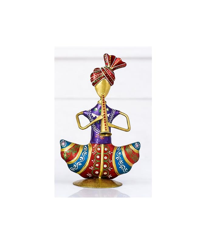 Image of Sitting Sardar Pipadi Musician Figurine Handcrafted Rajasthani Showpiece | Single Home Decor Statue for Living Room, Office Desk & Shelf | Decorative Table Item | 16 cm