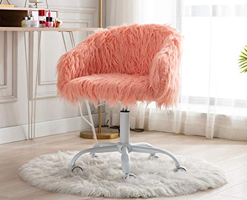 Kmax Cute Vanity Chair Faux Fur Accent Chair Swivel Height Adjustable Makeup Chair for Girls Present, Coral Pink