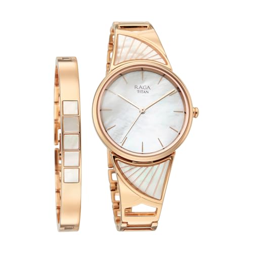 Image of Titan Raga Power Pearls 2.0 with Quartz Analog Mother of Pearl Dial Rose Gold Brass Strap Watch for Women - 2810WM01F