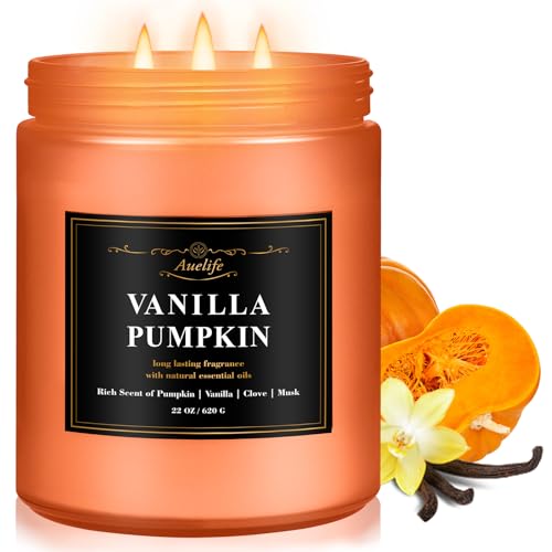Auelife Scented Candle, Vanilla Pumpkin Candles – 22oz Large 3-Wick Holiday Soy Candle, Long Lasting Winter Candles for Home Décor, Thanksgiving & Holiday Gift for Women & Men