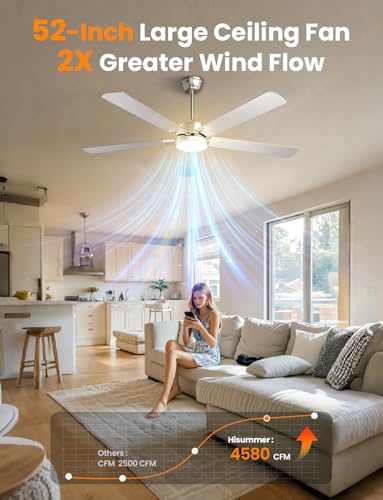 Hisummer DOUBLE-SIDED CEILING FAN 52 Inch Modern Ceiling Fan With Light And Remote, Large Farmhouse Ceiling Fan With Lights, Silver White Ceiling Fan thumb #1