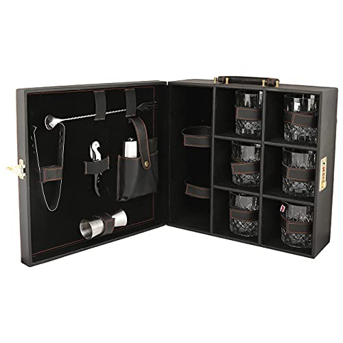 Image of Anything & Everything Big Premium Bar Set With 6 Whiskey Glasses | Portable Leatherette Set for Picnic, Travel, and Car (Black)