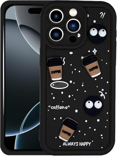 Image of GoldKart Back Case Cover Compatible for iPhone 16 Pro | Cute Fun Cartoon 3D Ball Coffee Silicone Case | Full Body Protection Back Cover for iPhone 16 Pro - Black
