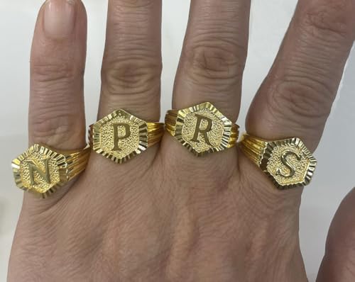 Image of 18k gold plated brass Hexagon shape initial ring already sized ring
